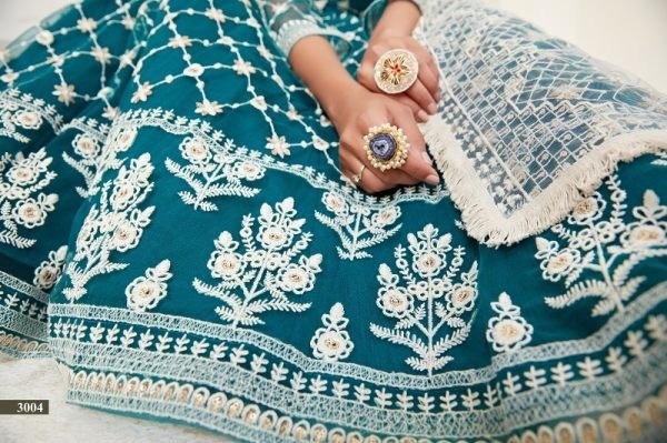 Teal green net multi and sequence work butterfly net lehenga choli & dupatta set. Designer Lehenga Choli