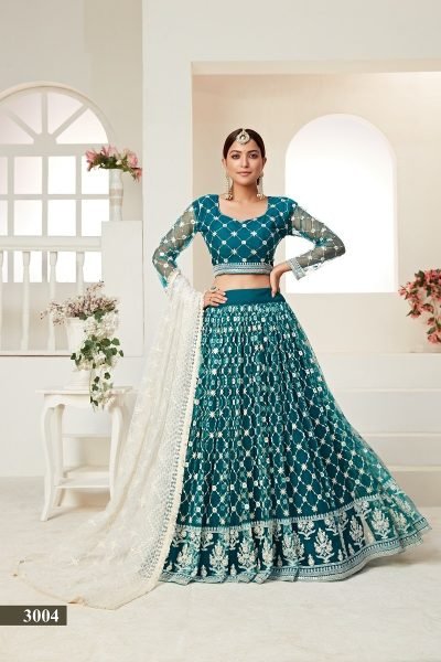 Teal green net multi and sequence work butterfly net lehenga choli & dupatta set. Designer Lehenga Choli