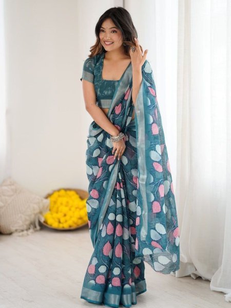 Teal Lilan Patta Printed Saree with Georgette Blouse Trendy Daily Wear Sarees 