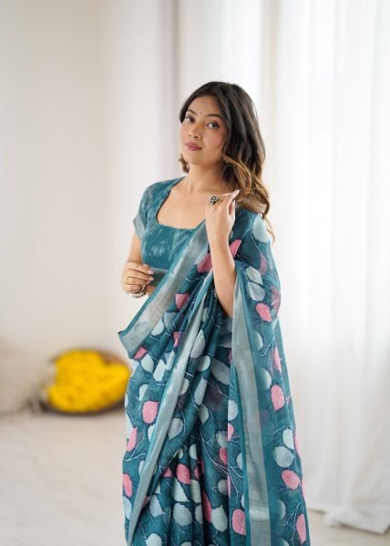 Teal Lilan Patta Printed Saree with Georgette Blouse Trendy Daily Wear Printed Cotton Sarees Wholesale