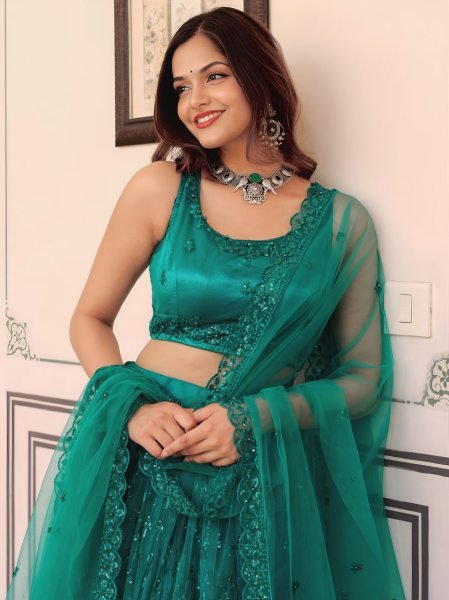Teal Net Party Wear Lehenga Monochrome Sequins and Pearl Work for Weddings Designer Lehenga Choli