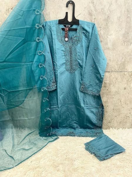 Teal Viscose Silk Pakistani Suit with Fancy Organza Dupatta HF-98 E by Hoor Tex Salwar Kameez