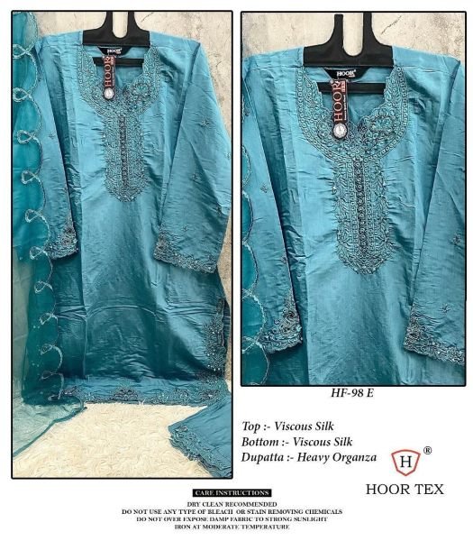 Teal Viscose Silk Pakistani Suit with Fancy Organza Dupatta HF-98 E by Hoor Tex Pakistani Suits Wholesale