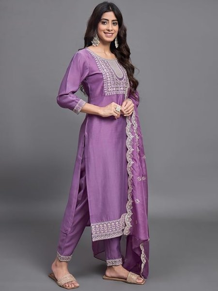 Textile Manufacture Chanderi Silk Women Embroidery Straight Kurta Set 3 Piece Kurti Set