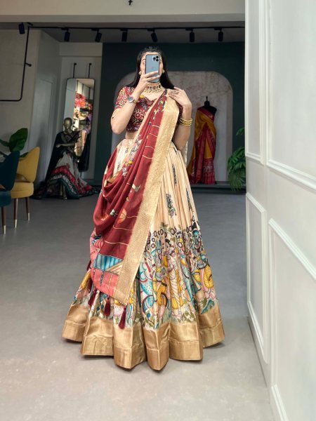 the Elegance Of Dola Silk And The Intricate Charm Of Kalamkari Prints Lehenga Choli Designer Lehenga Choli