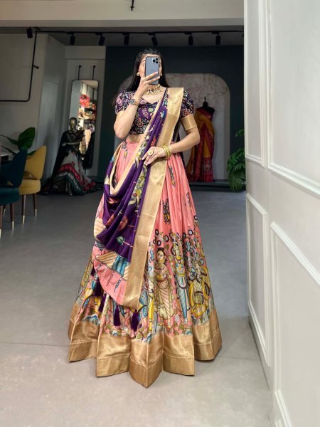 the Elegance Of Dola Silk And The Intricate Charm Of Kalamkari Prints Lehenga Choli Designer Lehenga Choli