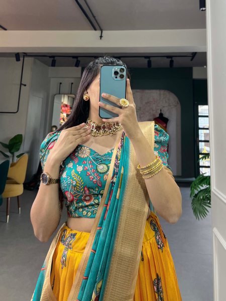 the Elegance Of Dola Silk And The Intricate Charm Of Kalamkari Prints Lehenga Choli Designer Lehenga Choli