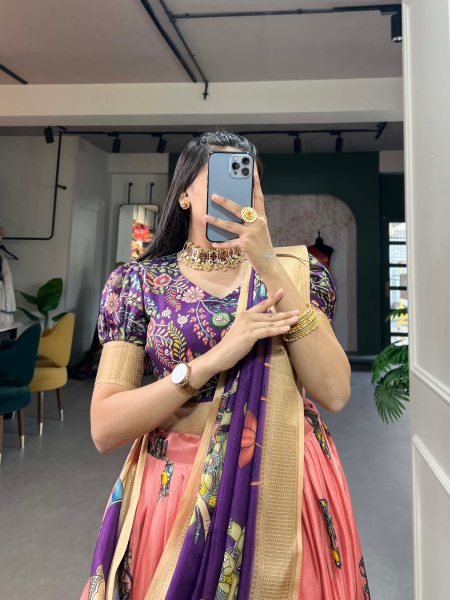 the Elegance Of Dola Silk And The Intricate Charm Of Kalamkari Prints Lehenga Choli Designer Lehenga Choli