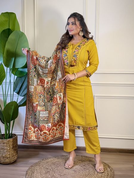Threaded Bloom Embroidered Kurti Set with Art Silk Dupatta Ready to Wear 3 Piece Kurti Set