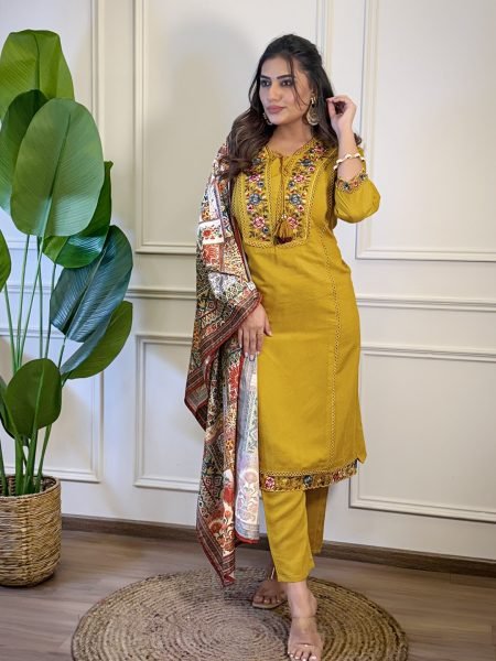 Threaded Bloom Embroidered Kurti Set with Art Silk Dupatta Ready to Wear 3 Piece Kurti Set