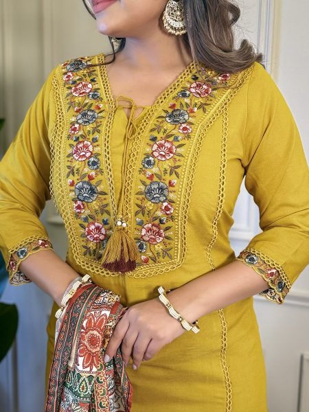 Threaded Bloom Embroidered Kurti Set with Art Silk Dupatta Ready to Wear 3 Piece Kurti Set
