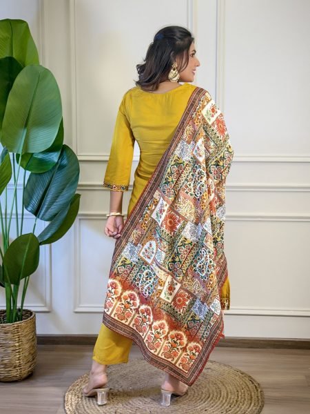 Threaded Bloom Embroidered Kurti Set with Art Silk Dupatta Ready to Wear 3 Piece Kurti Set