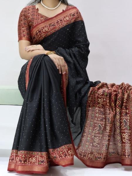 Timeless Black Mull Cotton Patola Print Saree with Sirovski Diamond And Zari Border  