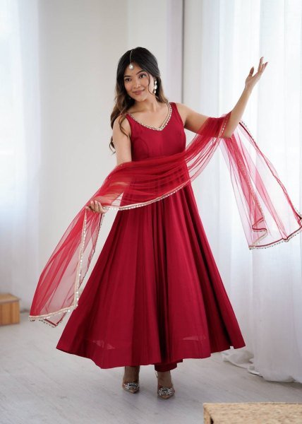 Maroon Roman silk Chanderi Anarkali Suit with Dupatta and Pant for complete set Anarkali Kurtis 