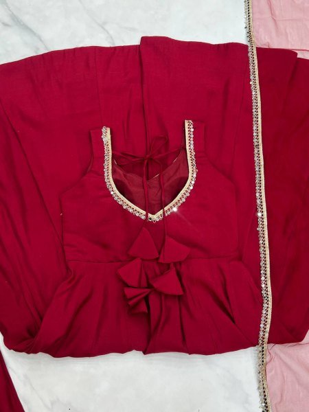 Maroon Roman silk Chanderi Anarkali Suit with Dupatta and Pant for complete set Anarkali Kurtis 