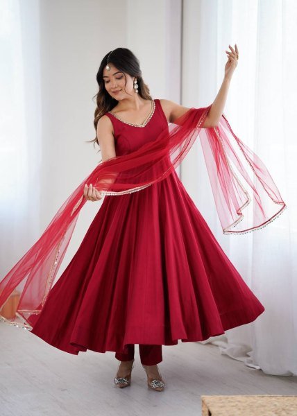 Maroon Roman silk Chanderi Anarkali Suit with Dupatta and Pant for complete set Anarkali Kurtis 
