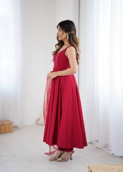Maroon Roman silk Chanderi Anarkali Suit with Dupatta and Pant for complete set Anarkali Kurtis 