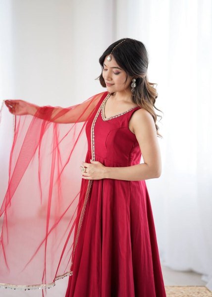 Maroon Roman silk Chanderi Anarkali Suit with Dupatta and Pant for complete set Anarkali Kurtis 