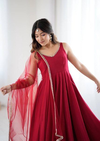 Maroon Roman silk Chanderi Anarkali Suit with Dupatta and Pant for complete set Anarkali Kurtis 