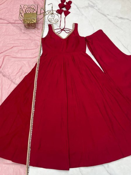 Maroon Roman silk Chanderi Anarkali Suit with Dupatta and Pant for complete set Anarkali Kurtis 