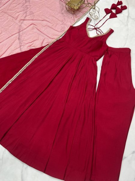Maroon Roman silk Chanderi Anarkali Suit with Dupatta and Pant for complete set Anarkali Kurtis 