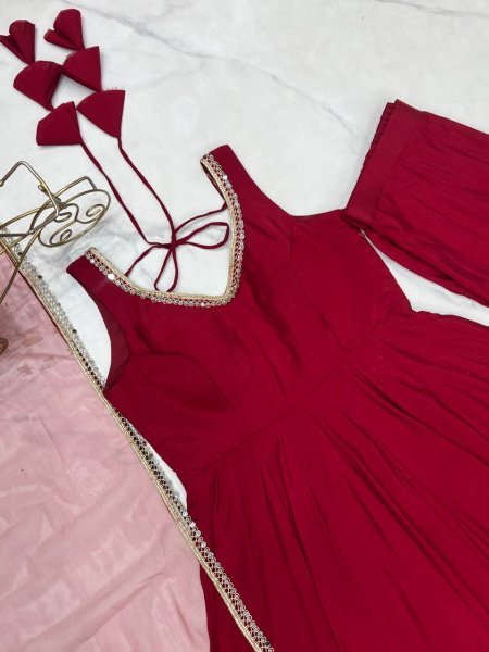 Maroon Roman silk Chanderi Anarkali Suit with Dupatta and Pant for complete set Anarkali Kurtis 