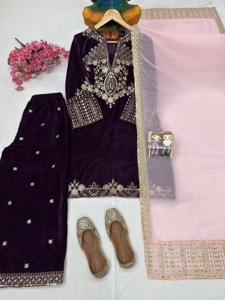 Timeless Velvet Sequins   Zari Embroidered Kurti Plazzo Set with Georgette Dupatta for Special Occasions Ready To Wear Collection