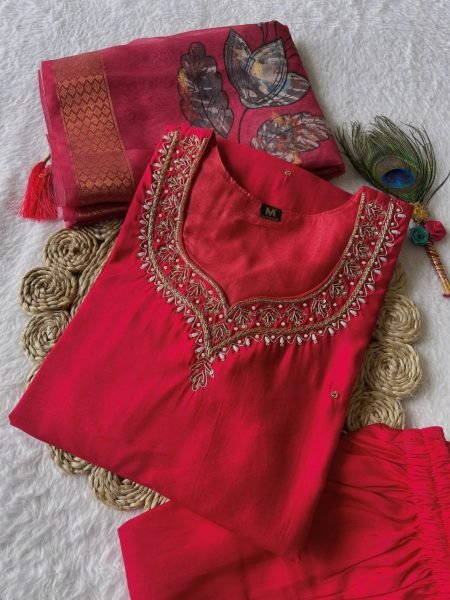Handwork Tometo Red  Roman Silk Kurti Pant With Dupatta  3 Piece Kurti Set