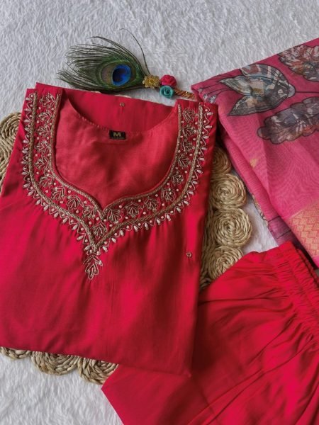 Handwork Tometo Red  Roman Silk Kurti Pant With Dupatta  3 Piece Kurti Set