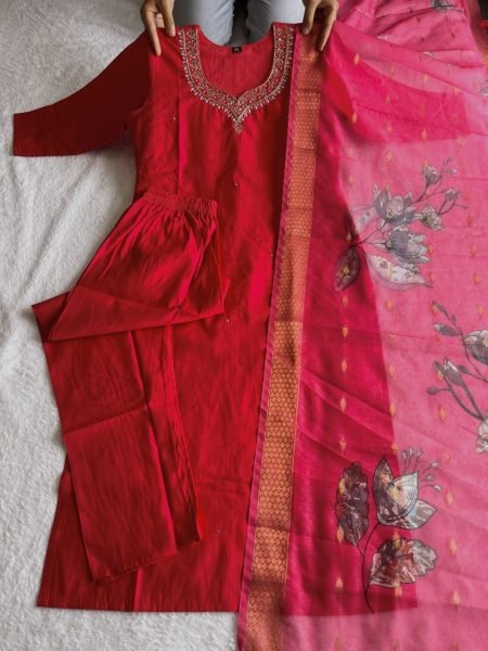 Handwork Tometo Red  Roman Silk Kurti Pant With Dupatta  3 Piece Kurti Set