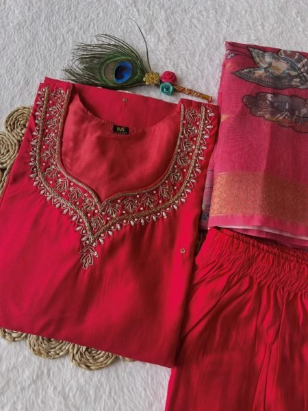 Handwork Tometo Red  Roman Silk Kurti Pant With Dupatta  3 Piece Kurti Set