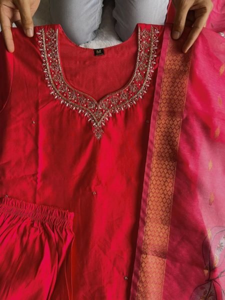 Handwork Tometo Red  Roman Silk Kurti Pant With Dupatta  3 Piece Kurti Set
