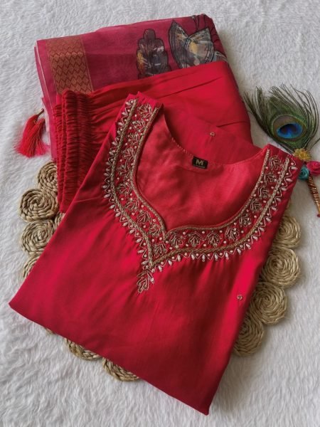 Handwork Tometo Red  Roman Silk Kurti Pant With Dupatta  3 Piece Kurti Set
