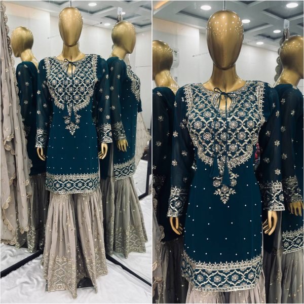 Top Designer 3 Piece Georgette Suit with Sharara and Embroidered Kurti Readymade Suit Set for Ladies Ready To Wear Collection