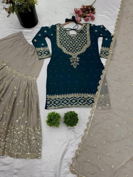 Top Designer 3 Piece Georgette Suit with Sharara and Embroidered Kurti Readymade Suit Set for Ladies Ready To Wear Collection