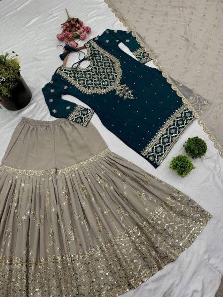 Top Designer 3 Piece Georgette Suit with Sharara and Embroidered Kurti Readymade Suit Set for Ladies Ready To Wear Collection
