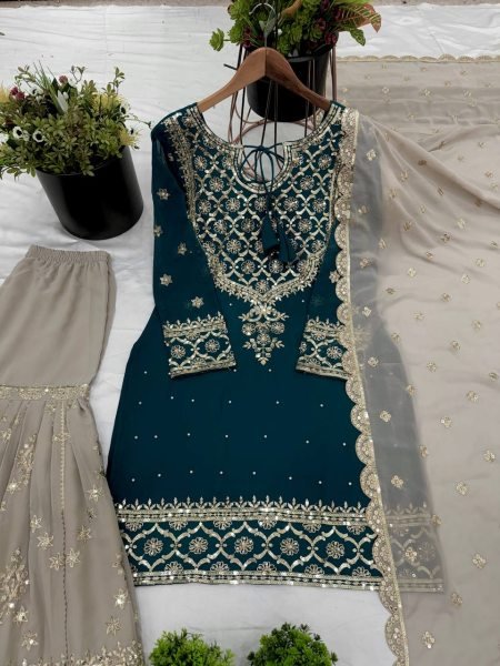 Top Designer 3 Piece Georgette Suit with Sharara and Embroidered Kurti Readymade Suit Set for Ladies Ready To Wear Collection