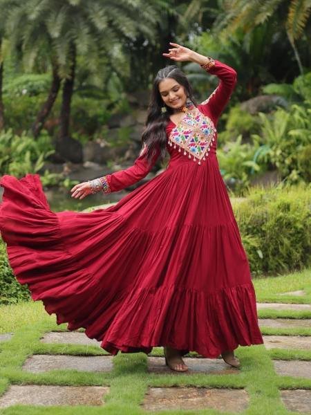 Traditional 14 Kg Rayon 3 Layer Frill Gown with Gamthi Embroidery Work for Women 