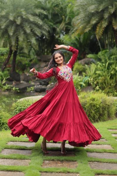 Traditional 14 Kg Rayon 3 Layer Frill Gown with Gamthi Embroidery Work for Women Navratri Lehnega Choli