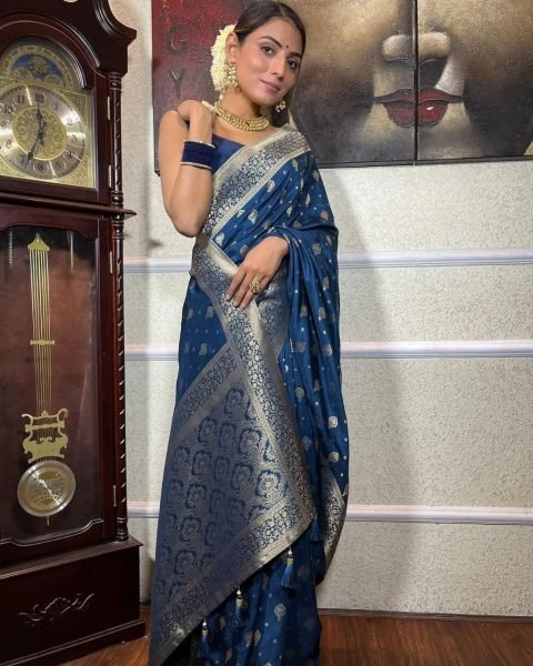 Traditional Beautiful Blue Colour Zari Work Banarasi Soft Silk Saree  Banarasi Saree Wholesale