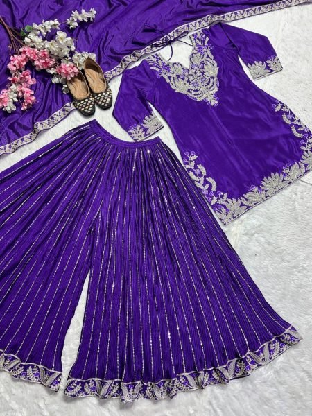 Traditional Chinnon Silk Sharara Set with Embroidery  Sequins   Lace Dupatta For Festive Wear Ready To Wear Collection