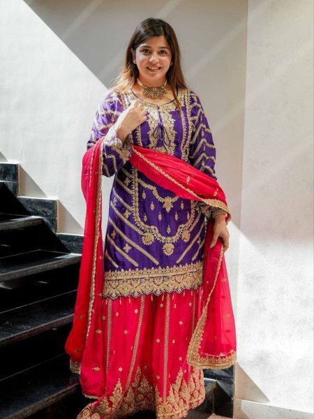 Traditional Chinon Silk Sharara Set Intricate Sequin & Cording Embroidery for Special Occasions 