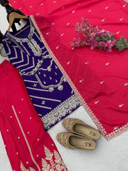 Traditional Chinon Silk Sharara Set Intricate Sequin & Cording Embroidery for Special Occasions Ready To Wear Collection