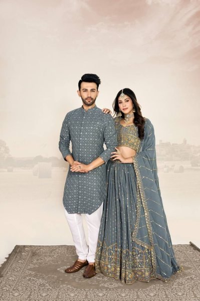 Traditional Couple Combo Embroidered Lehenga Choli and Mens Kurta Set for Festive Wear Couple Combo collection 