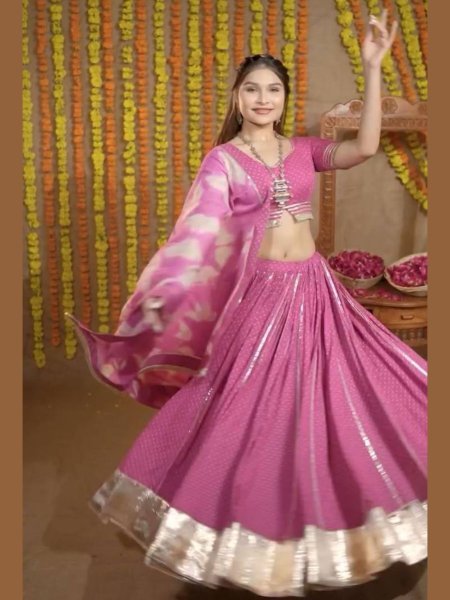 Traditional Dandiya Cotton Lehenga Set Digital Print with Elegant Ribbon Work 
