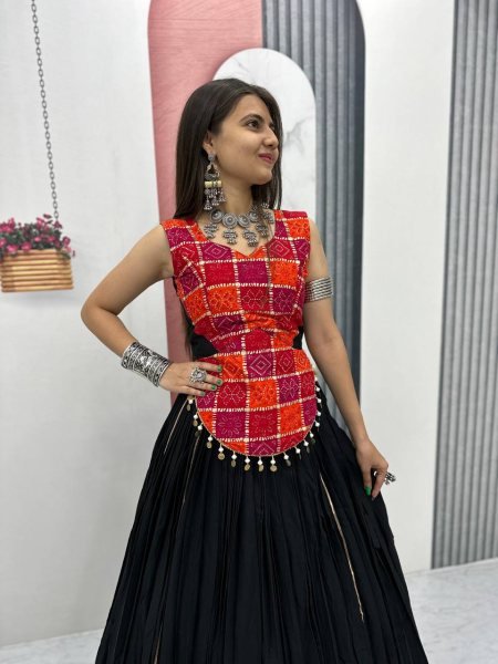 Traditional Black Cotton Lehenga with Heavy Flair   Mirror Work Look Perfect for Garba Nights Navratri Lehnega Choli
