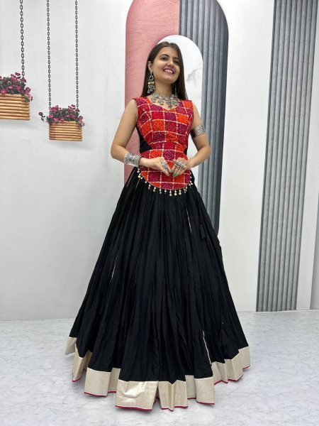 Traditional Black Cotton Lehenga with Heavy Flair   Mirror Work Look Perfect for Garba Nights Navratri Lehnega Choli