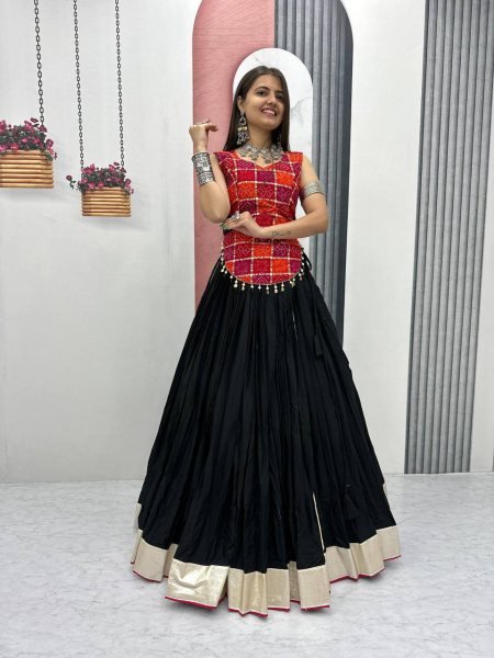 Traditional Black Cotton Lehenga with Heavy Flair   Mirror Work Look Perfect for Garba Nights Navratri Lehnega Choli