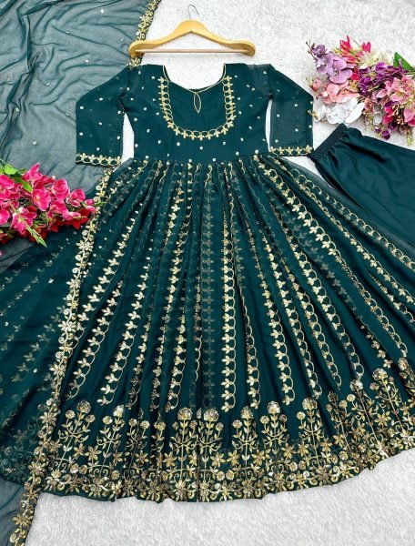Traditional Function Wear Heavy Fox Georgatte Dark Green Anarkali Gown With Dupatta Ready To Wear Collection