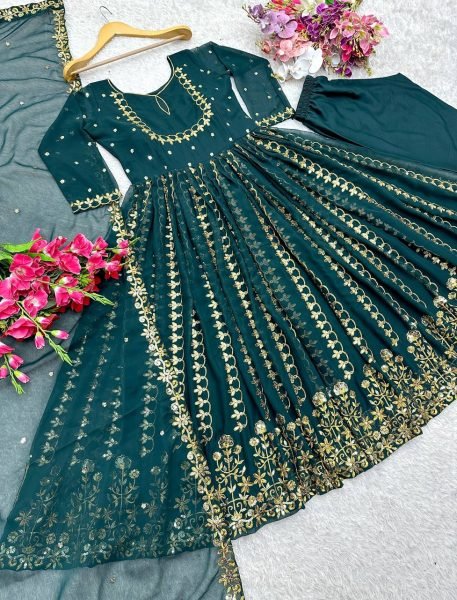 Traditional Function Wear Heavy Fox Georgatte Dark Green Anarkali Gown With Dupatta Ready To Wear Collection